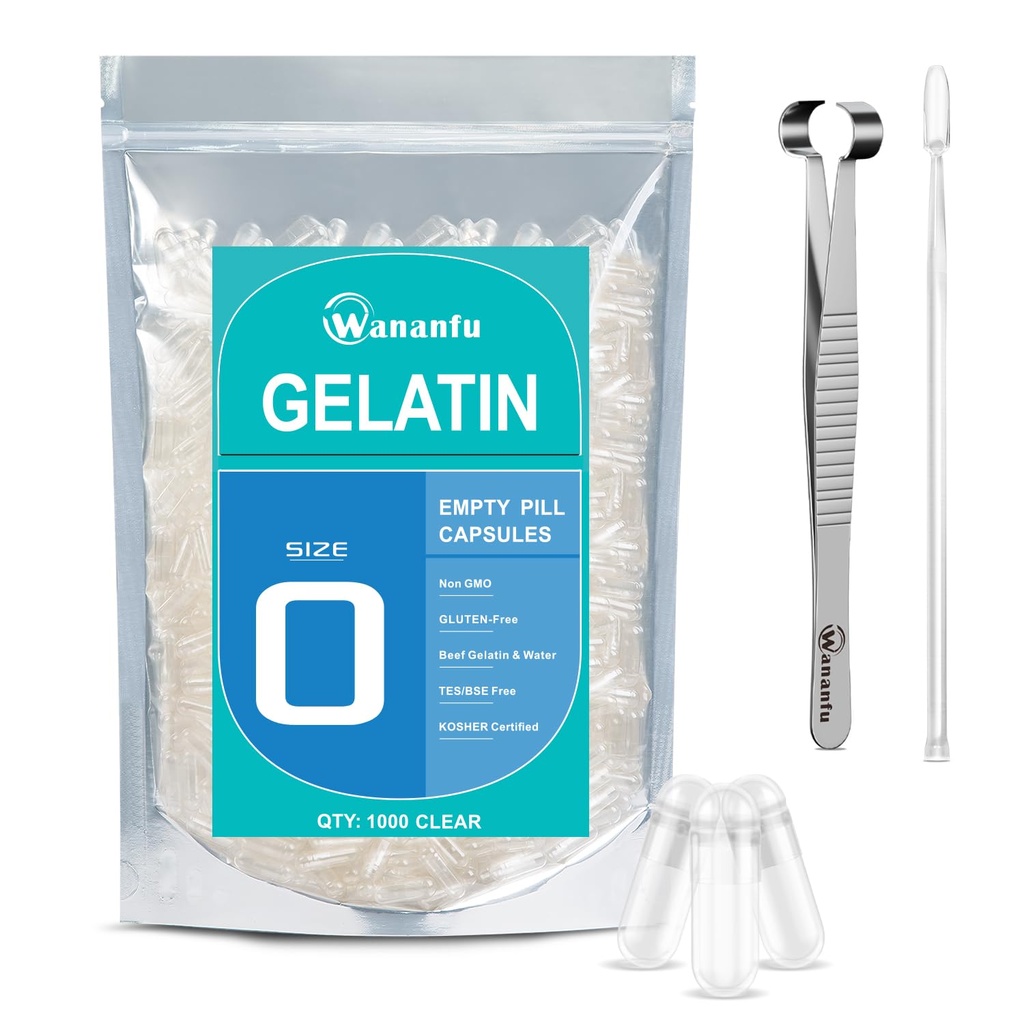 wananfu Size 0 Empty Capsules Gelatin (1000 Count) Bundle with Capsule Tweezer and Micro Lab Spoon, Clear Fillable Gel Pill Capsules Size 0 for Making Your Own Supplements