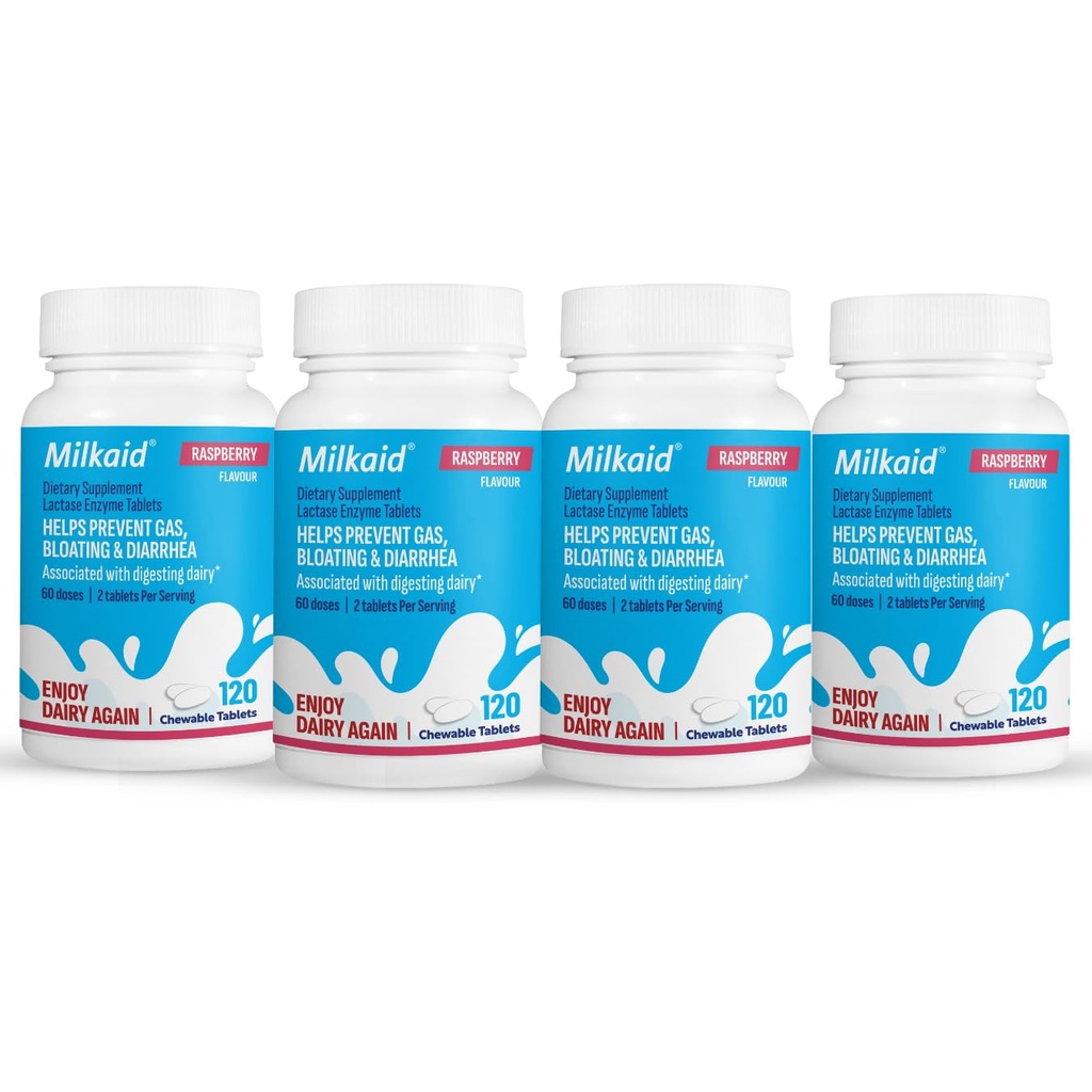 Milkaid Lactase Enzyme Chewable Tablets for Lactose Intolerance Relief | Prevents Gas, Bloating & Diarrhea | Fast Acting Dairy Digestive Supplement (4 x 120 Tablets, Raspberry)