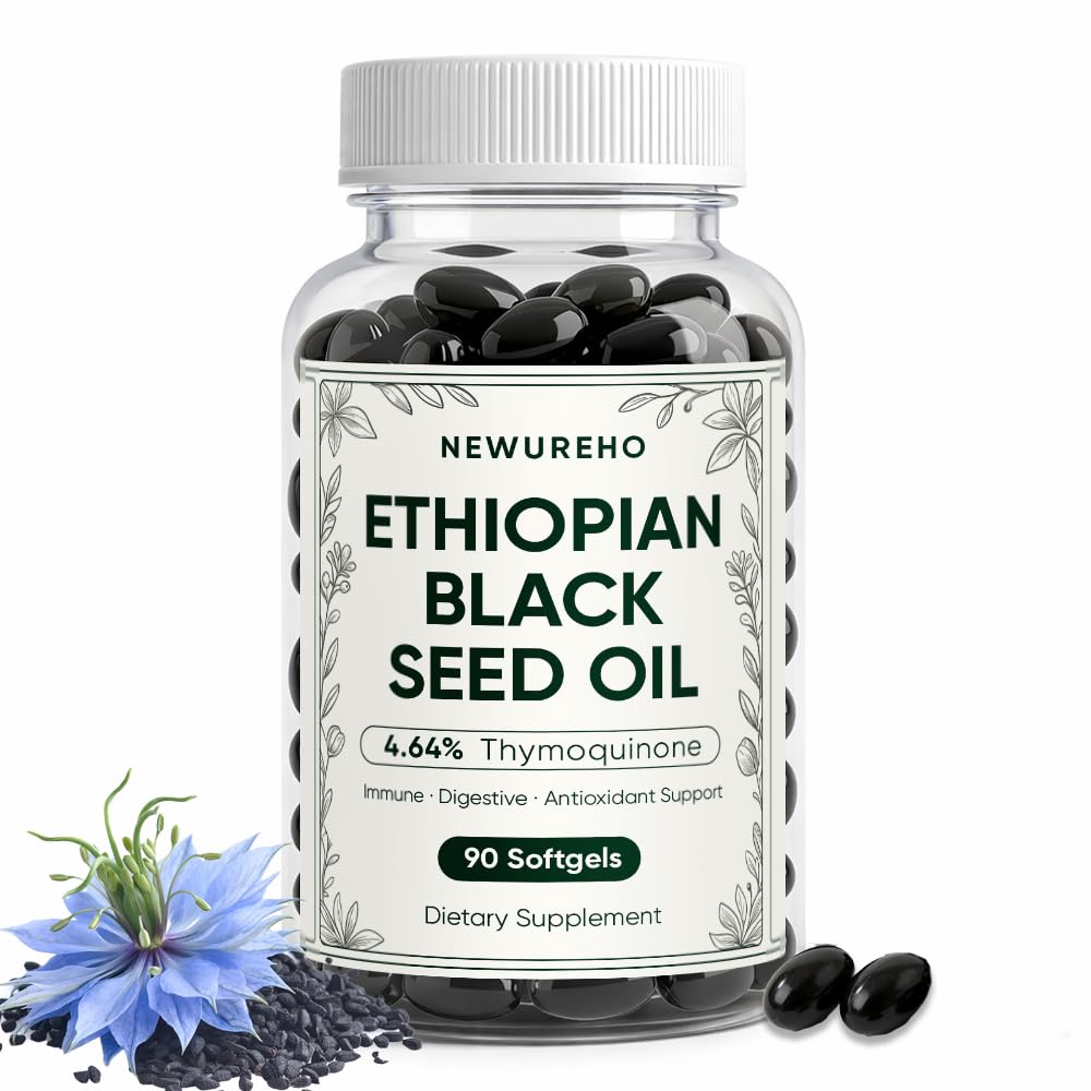Ethiopian Black Seed Oil, Organic Cold Pressed 100% Pure Black Seed Oil 800mg Supplement, Supports Immune & Digestive Health, Easy-to-Swallow, 90 Count