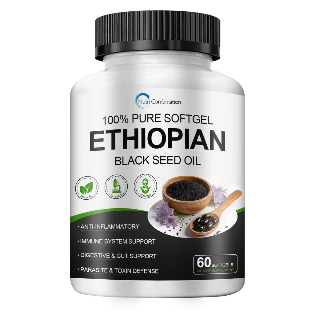 Ethiopian Black Seed Oil Capsules with 4.64% Thymoquinone, Immune Support & Digestion & Energy Booster, Non-GMO, Gluten-Free, 60 Capsules