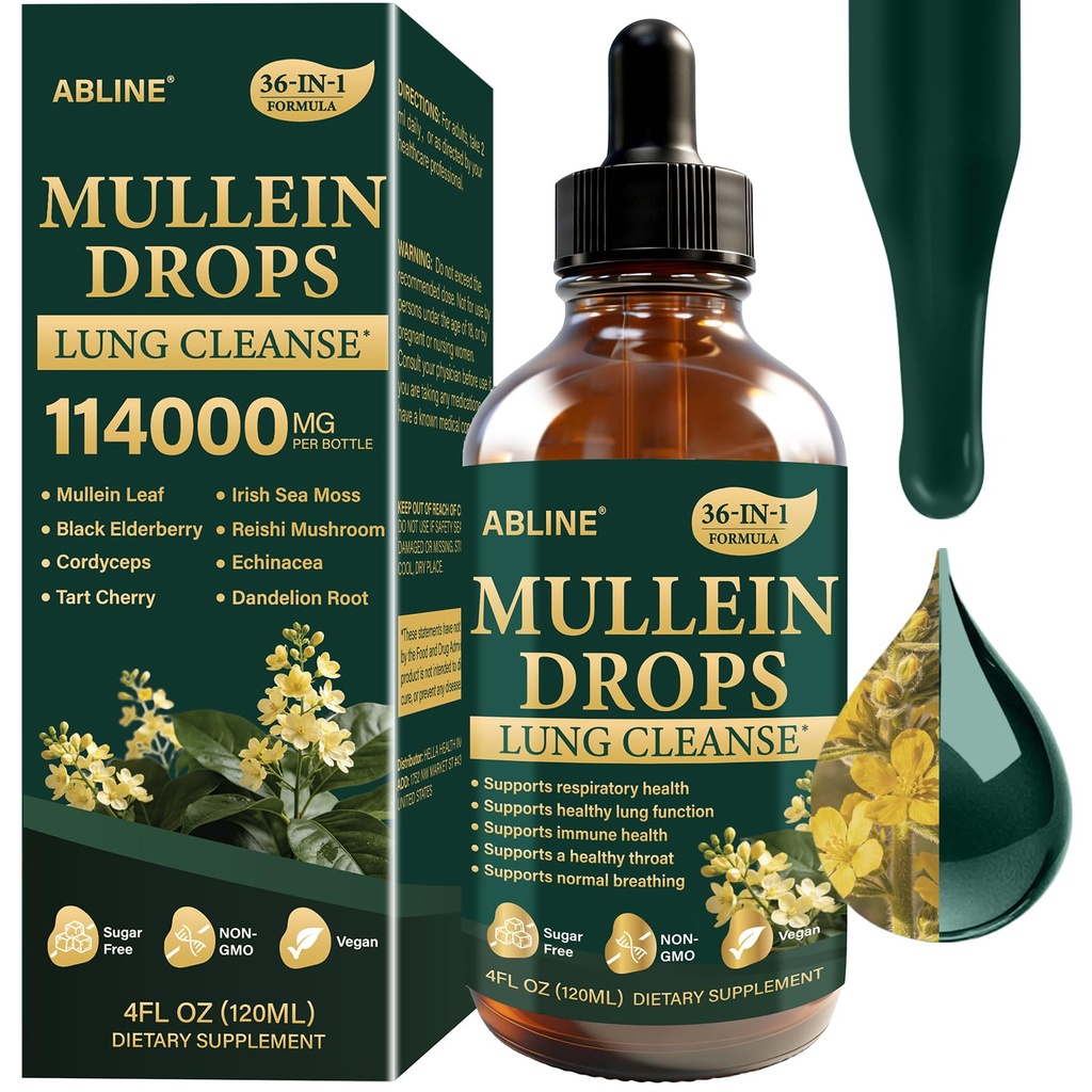 Mullein Drops for Lungs 1900mg, Lung Cleanse, 36-in-1 Mullein Leaf Extract | elderberry, astragalus, echinacea, reishi & cordyceps, respiratory & immune support*, alcohol-free, vegan, 60-day supply, GMP