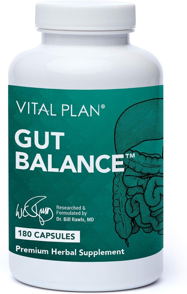 Vital Plan Gut Balance Supplement by Dr. Bill Rawls - Advanced Digestive Health Support Formula w/Clinical-Grade Slippery Elm Bark, Berberine & Dandelion Extract for Women & Men (180 Κάψουλες)
