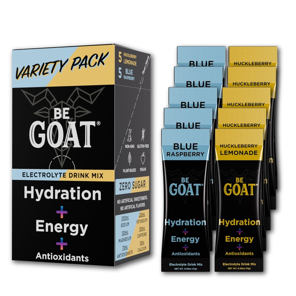 BeGOAT Clean Energy | Variety Pack Stick Packs | Energy + Hydration + Antioxidants Mix with Electrolytes | Zero Sugar, Plant-Based | 100mg Caffeine | 10 Pack