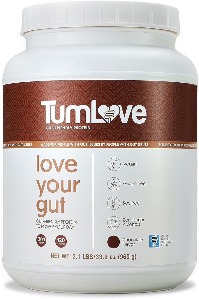 TumLove Vegan Protein Powder - Χαμηλή FODMAP Πιστοποιημένη, χωρίς γλουτένη, χωρίς γαλακτοκομικά, χωρίς σόγια, 100% Gut-Friendly & Non-Bloating, Σοκολάτα (25 μερίδες)