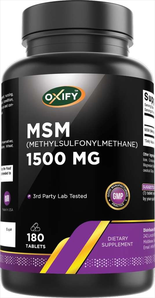 Oxify MSM 1500 mg (Also Called (Methylsulfonylmethane) | 180 Tablets | Gluten-Free, Non-GMO | Supplement Made in USA