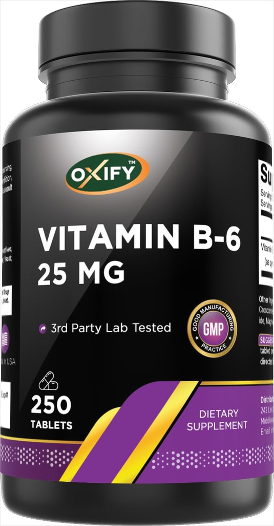 Oxify Vitamin B-6 25mg | 250 Tablets | Gluten-Free, Non-GMO | Supplement Made in USA