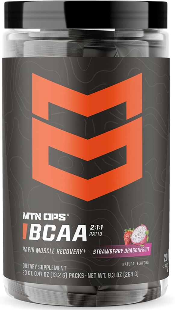 MTN OPS BCAA Powder 2:1:1 Amino Acids Supplement Powder for Rapid Mus Recovery & Repair with Zero Sugar & Gluten Free - 20-Servings, Strawberry Dragonfruit Trail Packs