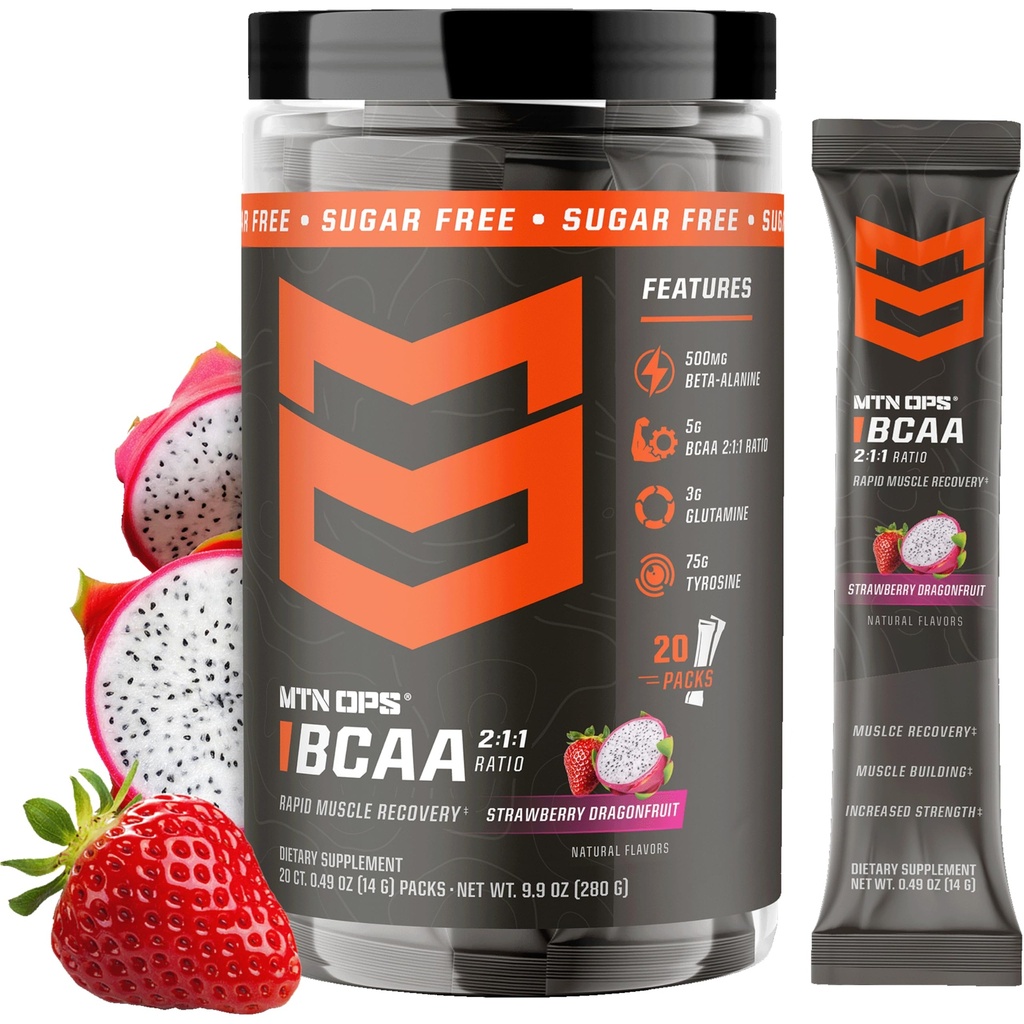 MTN OPS BCAA Powder 2:1:1 Amino Acids Supplement Powder for Rapid Mus Recovery & Repair with Zero Sugar & Gluten Free - 20-Servings, Strawberry Dragonfruit Trail Packs