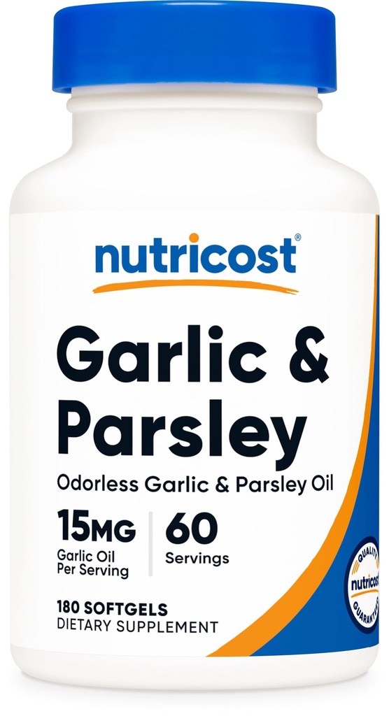 Nutricost Odorless Garlic Oil & Parsley Oil, 180 Softgels, GMO-Free | 15mg of 100:1 Garlic Extract Per Serving, 0.6mg of 500:1 Parsley Extract Per Serving, 60 Servings Per Bottle