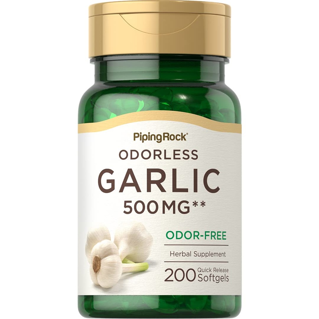 Piping Rock Odorless Garlic Supplement | 200 Softgels | Concentrated Herbal Extract Pills | Odor-Free, Non-GMO, Gluten Free