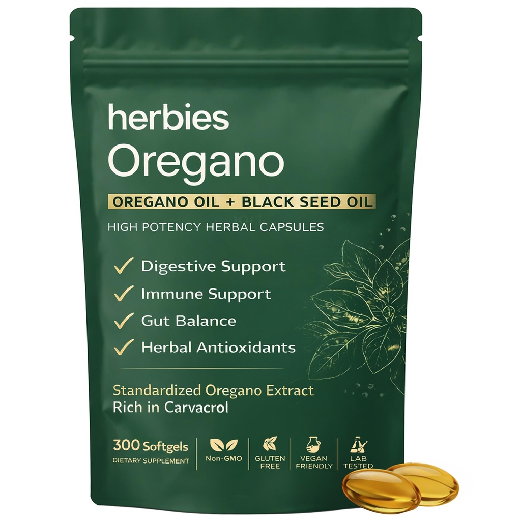 Organics Oregano and Black Seed Oil Capsules, 6000mg Oregano Extract, 2-in-1 Herbal Formula, Digestive & Gut Support Supplement, Plant-Based Wellness Formula, 300 Softgels