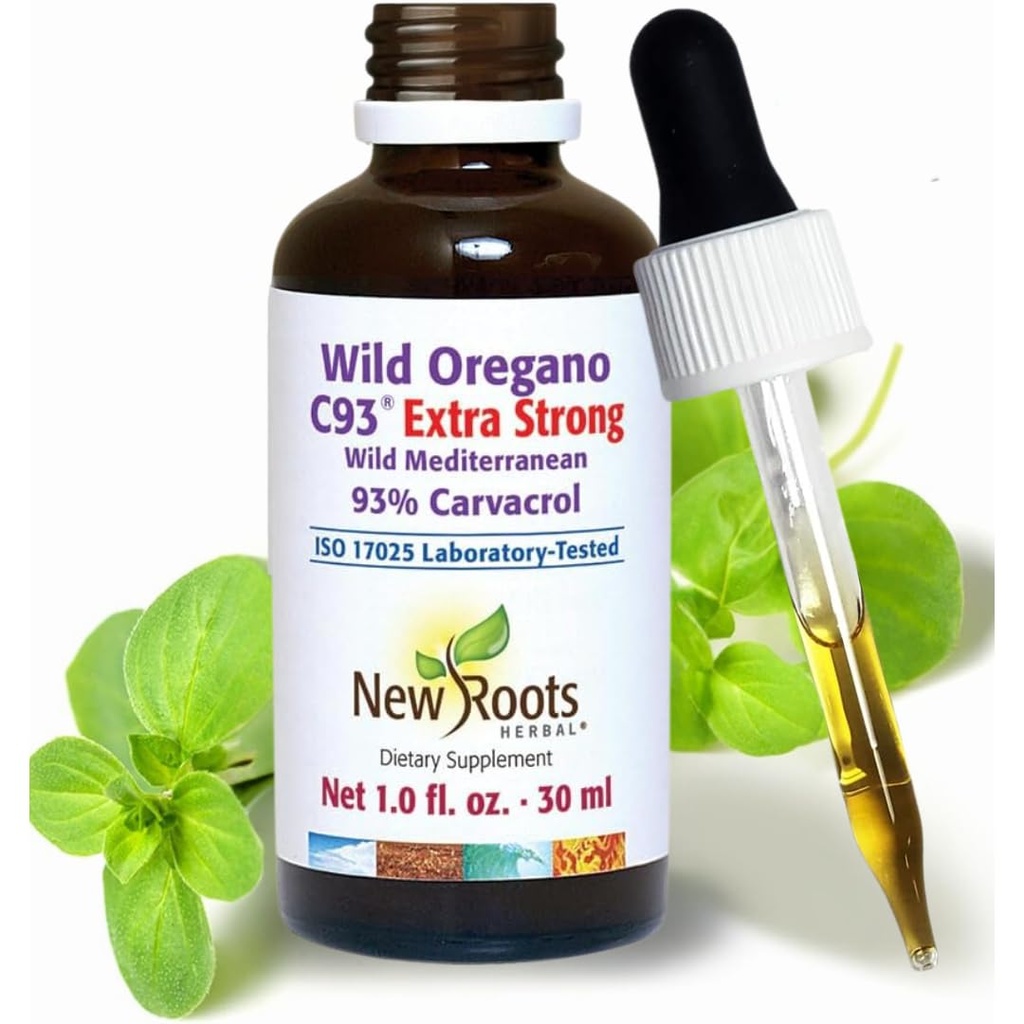 NEW ROOTS HERBAL Wild Oregano Oil Drops | Extra Strong with 93% Carvacrol (1 fl oz) | 547 Servings, Highest Concentration Oil of Oregano Extract | Non GMO, Vegan, Gluten Free