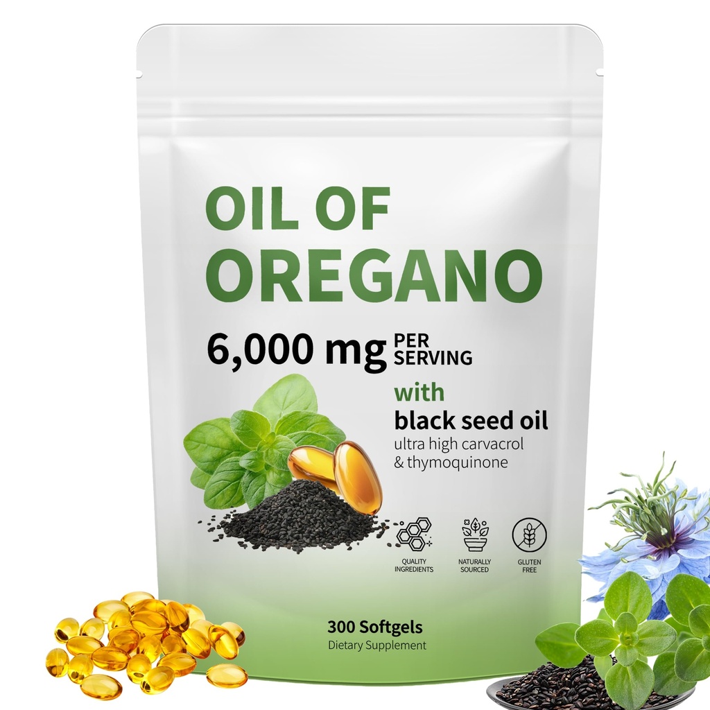 Oil of Oregano with Black Seed Oil - Oil of Oregano Capsules, Aceite de Orégano Capsulas, Immune Support, Non-GMO, Gluten Free, 6000MG 300 Softgels