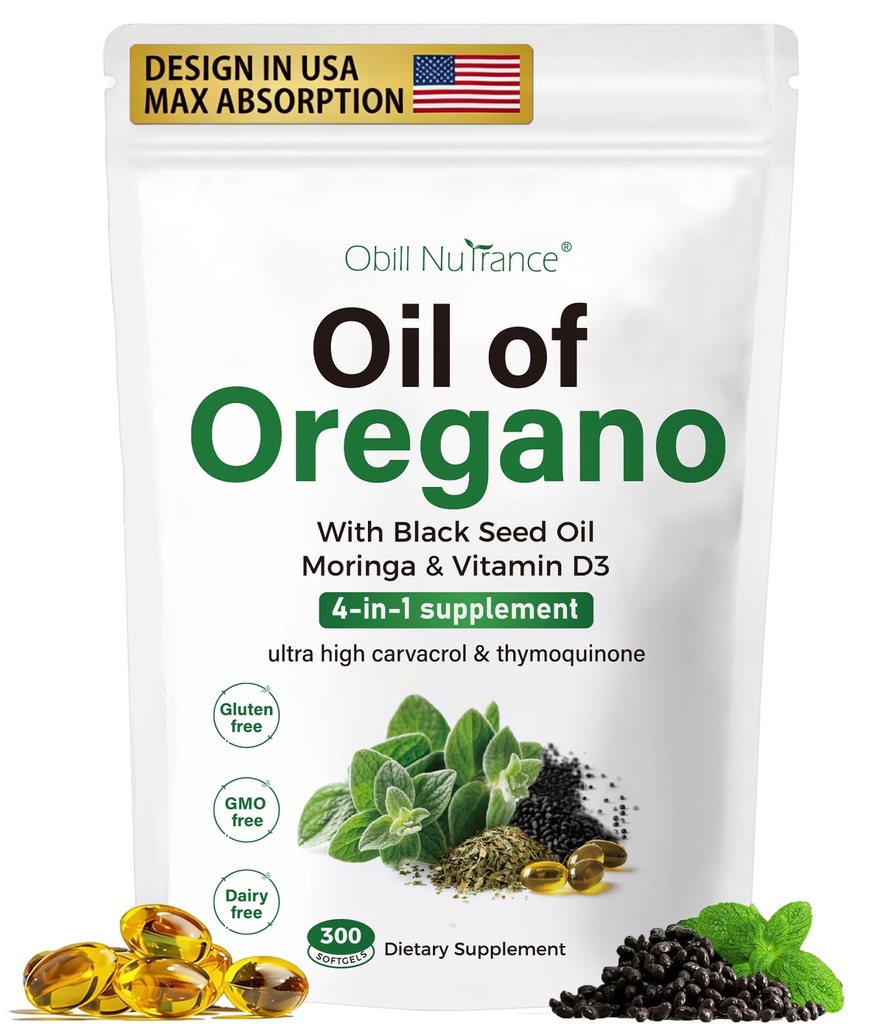 Oil of Oregano Softgels,300 Count, 4-in-1 Oil of Oregano with Black Seed Oil, Moringa & Vitamin D3 for Immune Support, Oregano Oil Capsules Organic, Carvacrol & Thymoquinone, Non-GMO