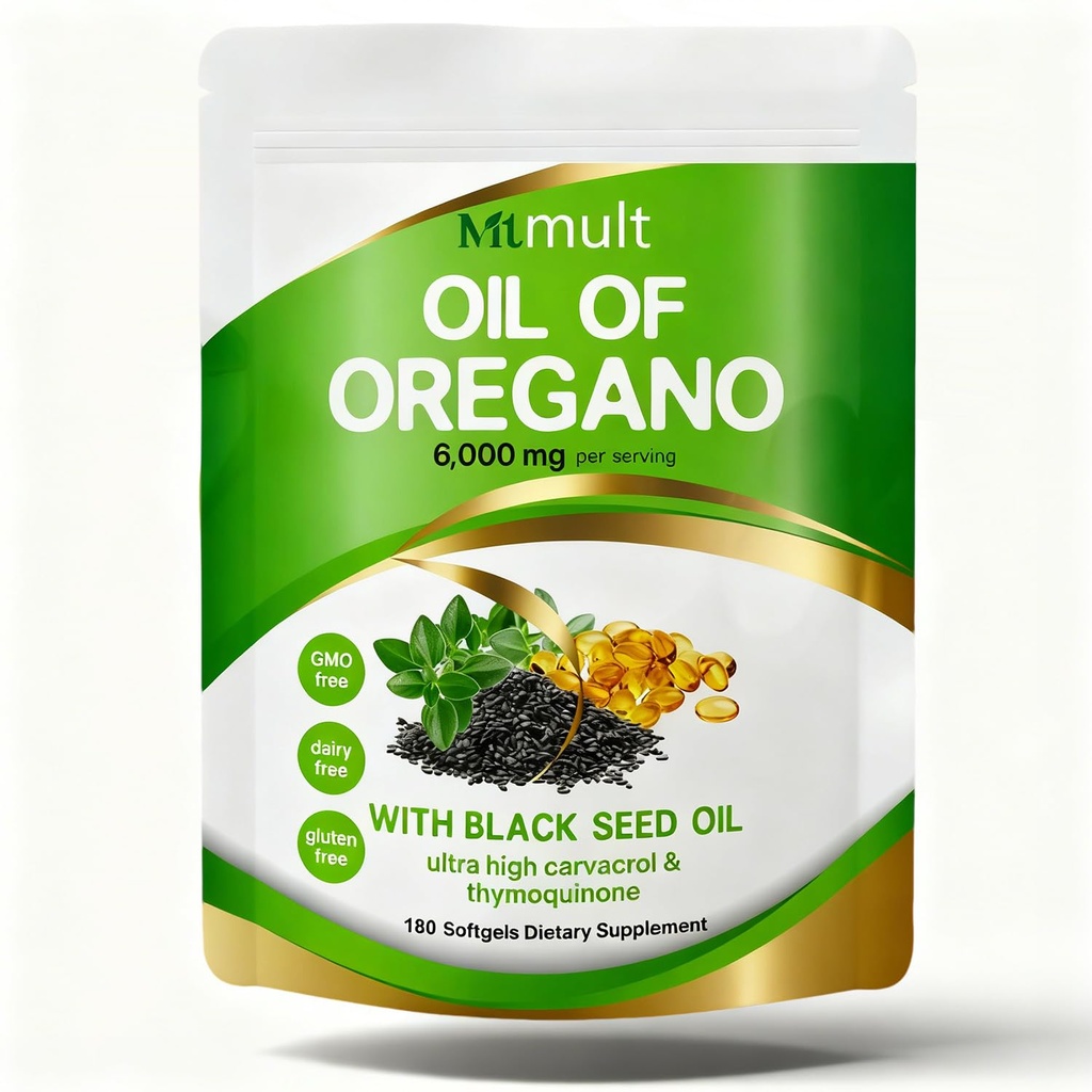 Mtmult Oil of Oregano with Black Seed Oil 6000mg & Moringa, Aceite de Oregano, Oil of Oregano Capsules, Oregano Oil Pills, Carvacrol-Rich, Opaque Airtight Packaging, 180 Softgels