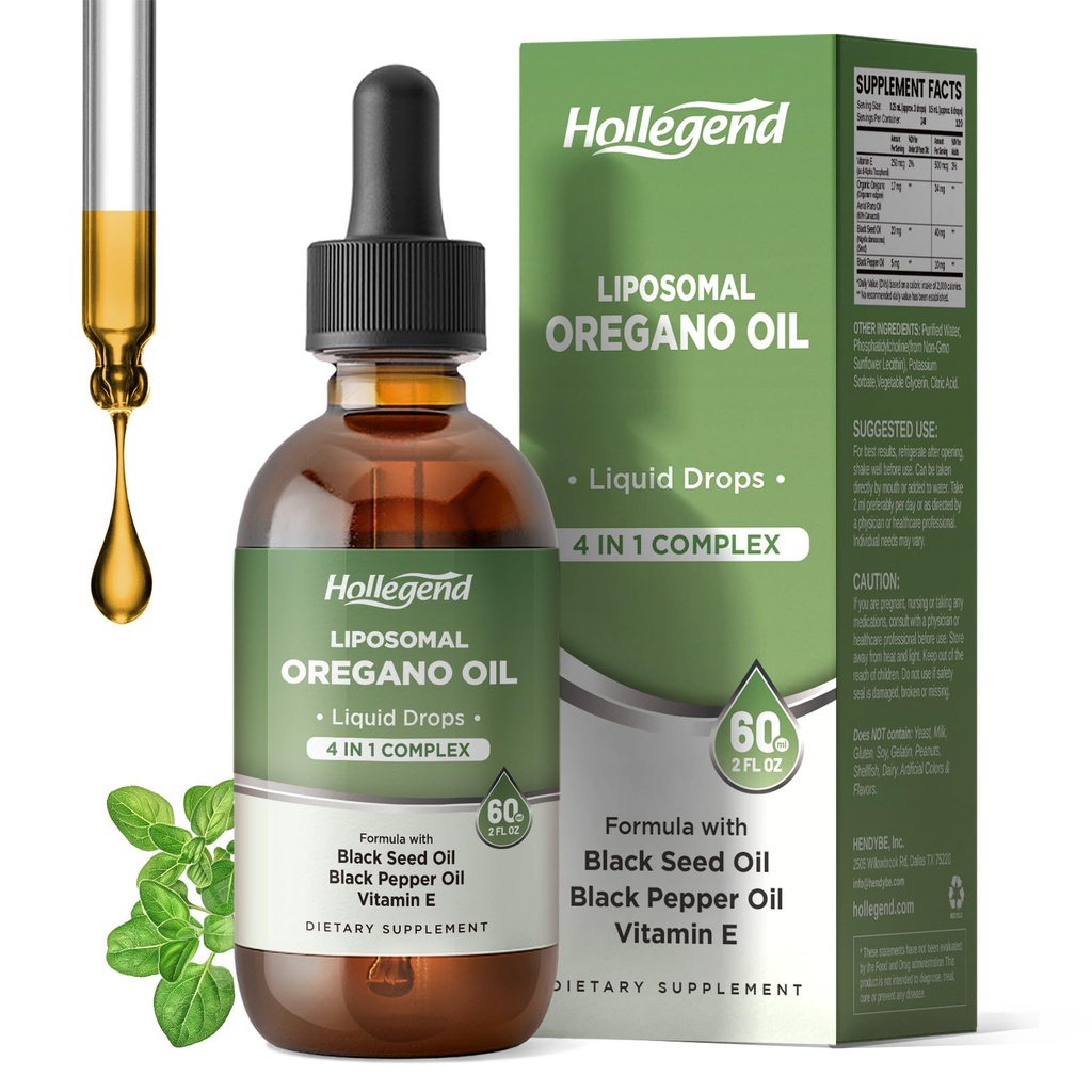 Liposomal Oregano Oil Liquid Drops, Organic Oil of Oregano Carvacrol for Kids & Adults, with Black Seed & Black Pepper Oil,Immune and Digestive System Support, Alcohol-Free, 60ML/2 Fl Oz
