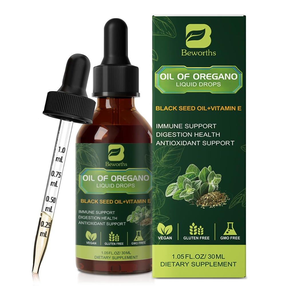 Oregano Oil Drops, Oil of Oregano with Black Seed Oil, Vitamin E, 80% Carvacrol Oregano Supplement Herbal Blend for Immune & Antioxidant Support, Digestive, Overall Health | Vegan | Non-GMO | 1 Fl Oz