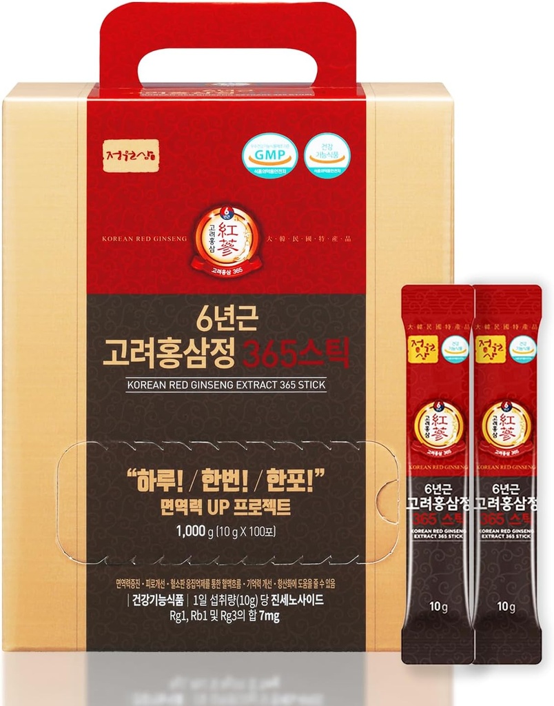 6-Year Korean Red Ginseng 365 | 100 Sticks | Vegan | 7mg Ginsenosides Per Stick