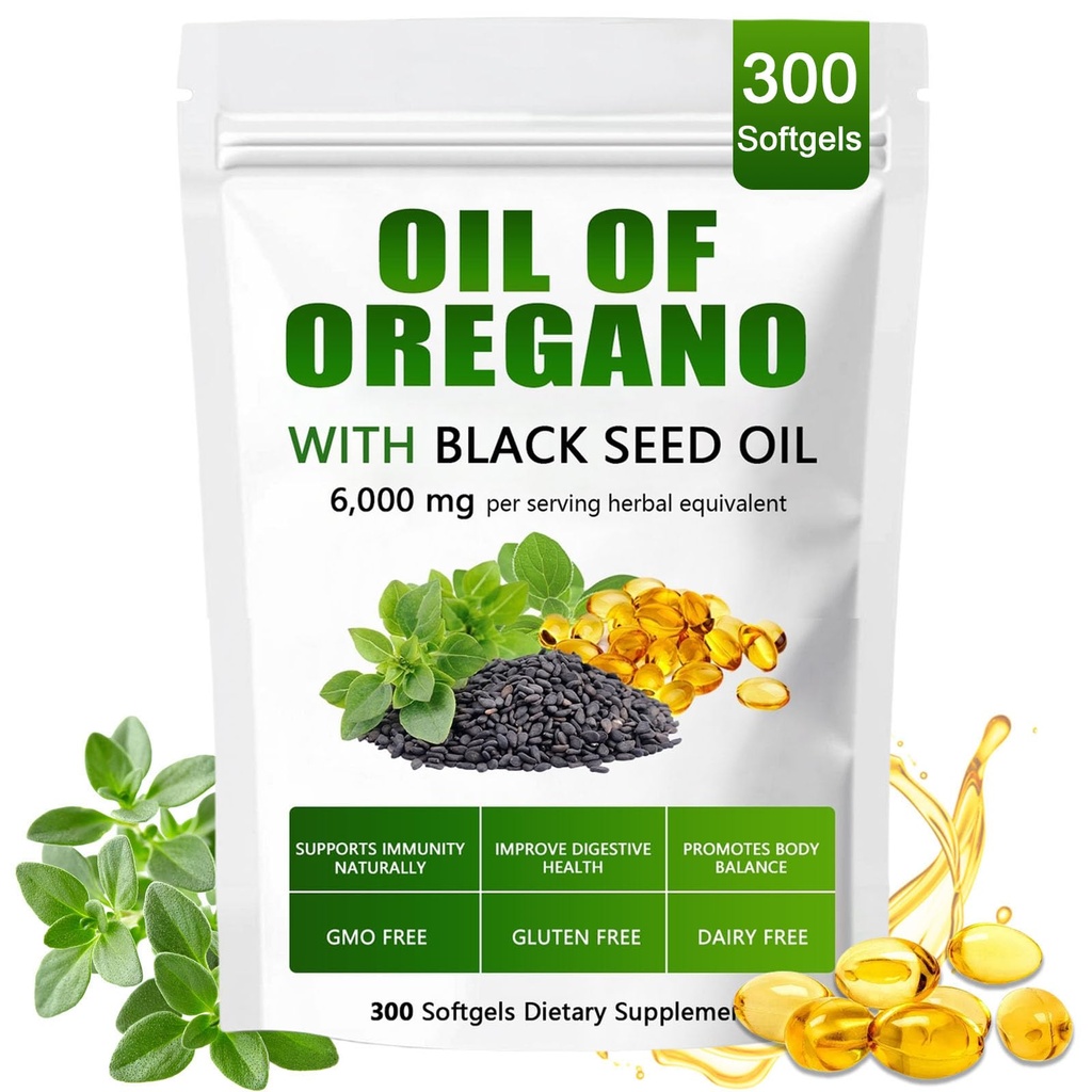 Orgatics Oil of Oregano with Black Seed Oil, Oregano Oil Capsules Organic, Pure & Natural Supplement, Immune Support | Improving Gut Health | Smoothing Skin, Non-GMO, Gluten Free - 300 Softgels