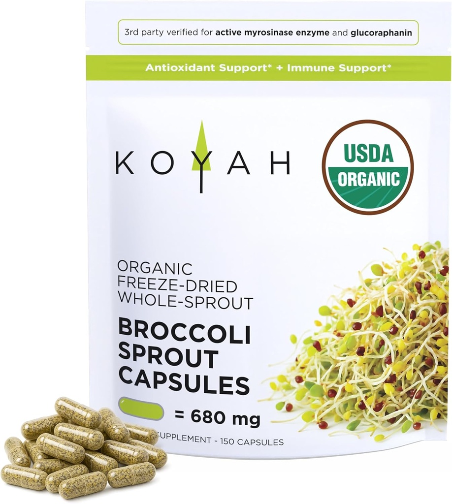 KOYAH Organic Broccoli Sproout Caps – Freezed Whole Broccoli Spruts – 3ο Μέρος Δοκιμασμένο για Ενεργή Μυροσινάση & Γλυκοραφανίνη (γλυκοσινολική σουλφοραφάνη) - 150 Κάψουλες