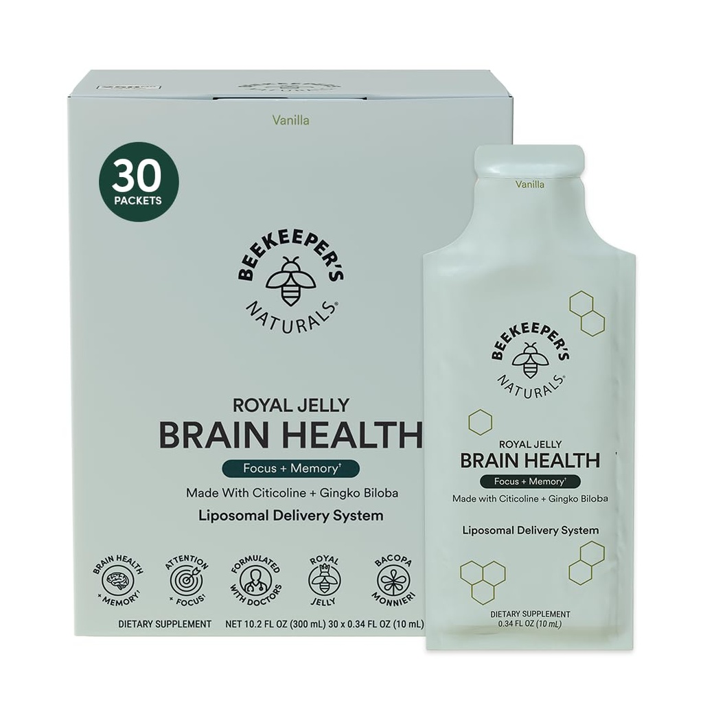 Nootropic Brain Supplement by Beekeeper's Naturals, 500mg Citocoline, Ginkgo Biloba, Bacopa Monnieri & Royal Jelly, Υποστηρίζει Εστίαση & Μνήμη, Ευκολότερη Απορρόφηση, Συν ένα γευστικό άρωμα βανίλιας, 30ct