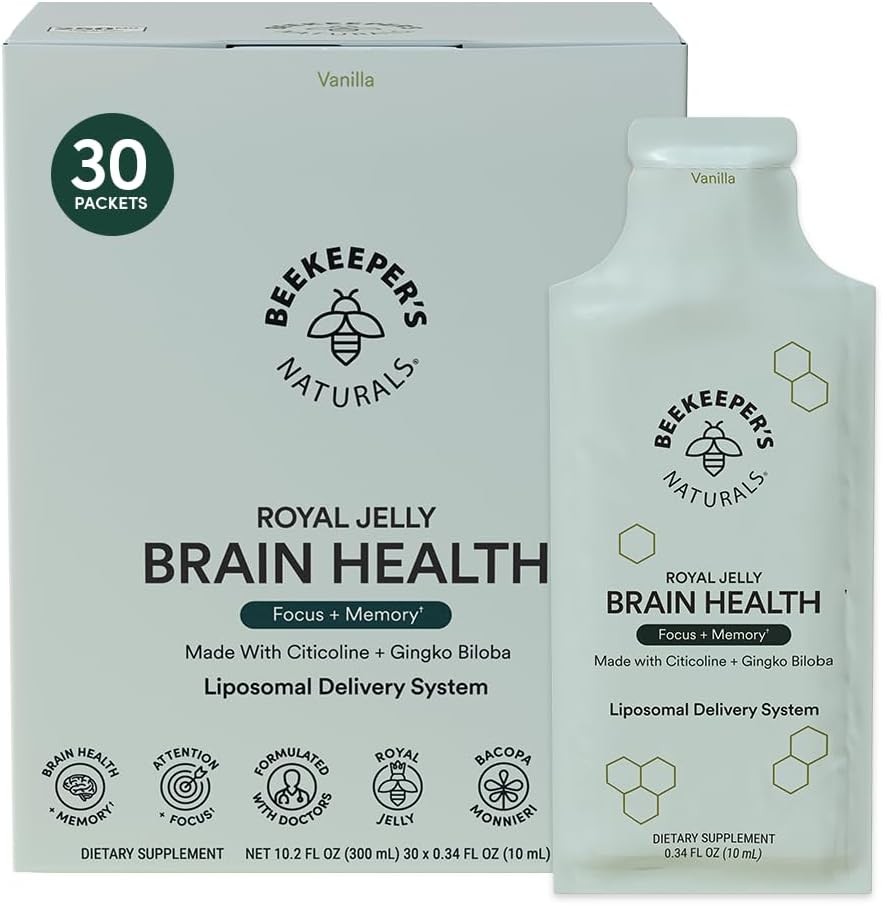 Nootropic Brain Supplement by Beekeeper's Naturals, 500mg Citocoline, Ginkgo Biloba, Bacopa Monnieri & Royal Jelly, Υποστηρίζει Εστίαση & Μνήμη, Ευκολότερη Απορρόφηση, Συν ένα γευστικό άρωμα βανίλιας, 30ct