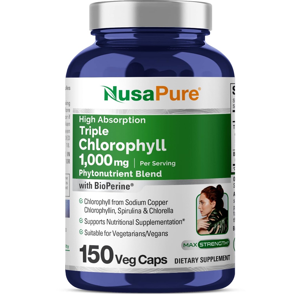 NusaPure Υψηλή απορρόφηση Τριπλή χλωροφύλλη 1000 mg 150 Veg Caps Κατάλληλο για χορτοφάγους και χορτοφάγους, μη ΓΤΟ