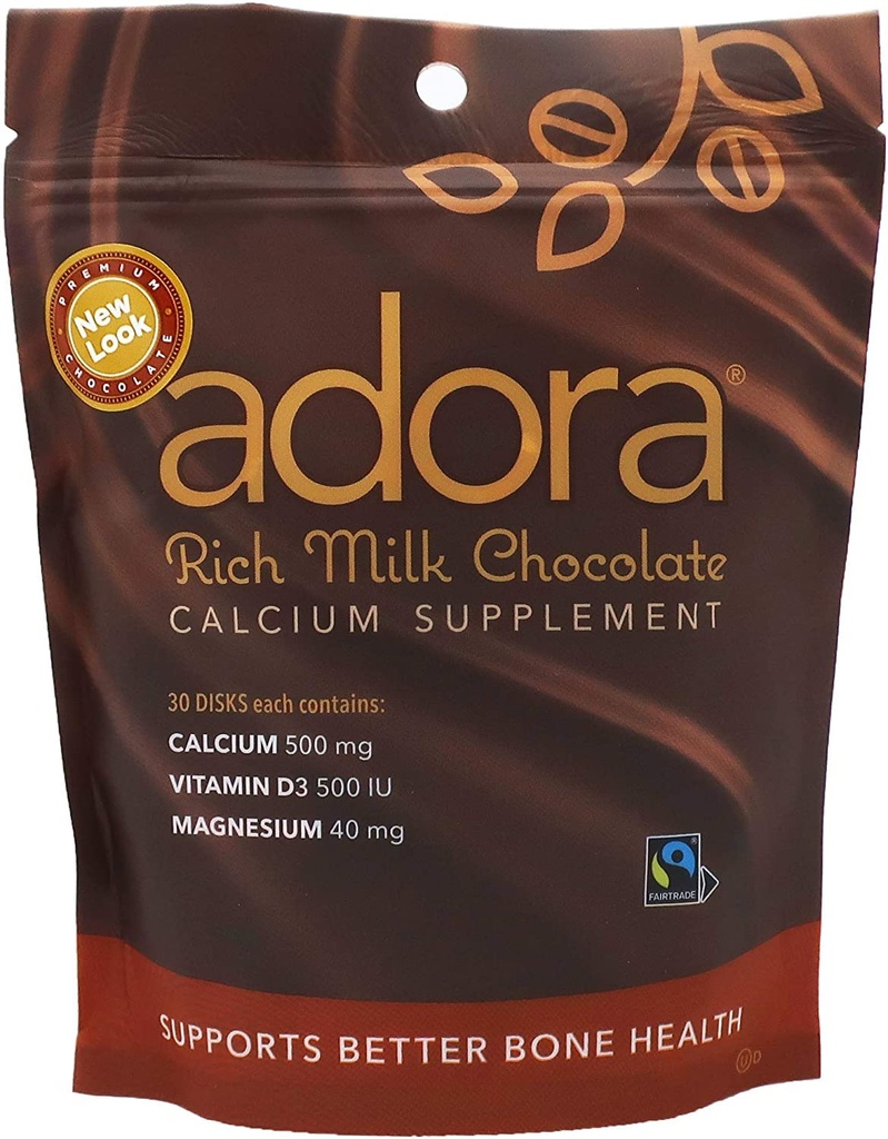 Adora Premium Vitamin D3 Magnesium and Calcium Supplement, 500 mg, σοκολάτα γάλακτος, 30 Count