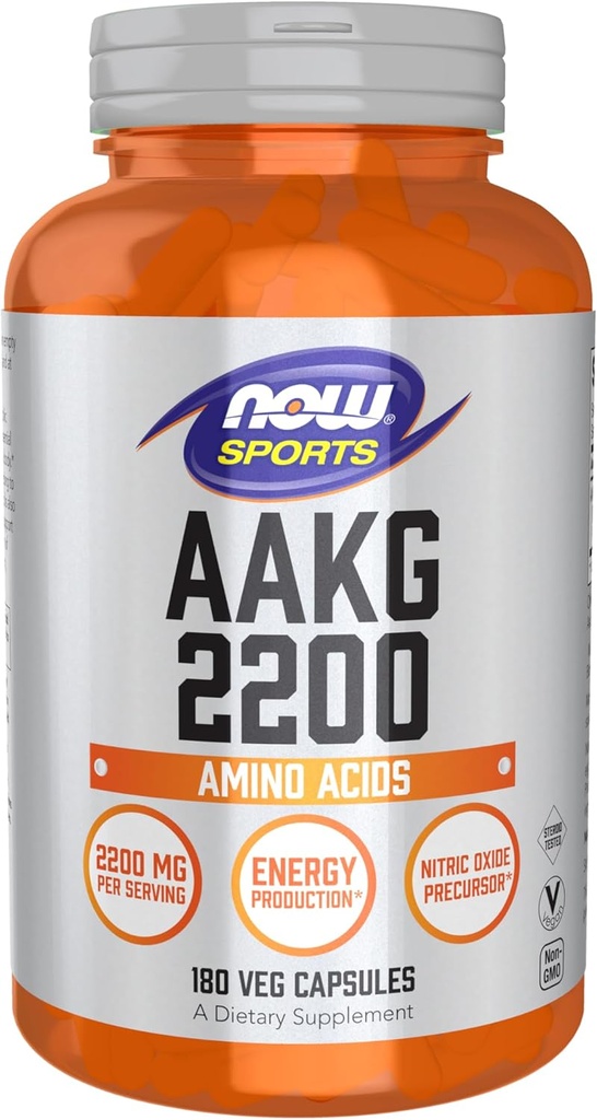 NOW Αθλητισμός AAKG 2200, Αργινίνη, Παραγωγή Ενέργειας, 180 κάψουλες Veg