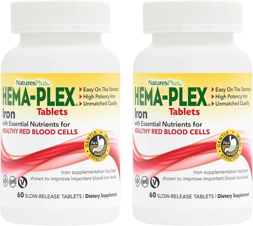 NaturesPlus Hema-Plex Iron - 60 Slow- Release Tablets, Συσκευασία των 2 - Ολική Υγεία του Αίματος - 85 mg Χηλικός Σιδήρος - με Βιταμίνη C & Bioflavonoids - Μη ΓΤΟ, Χορτοφαγικά & Χωρίς Γλουτένη - 120 Σύνολο Σερβιρίσματος