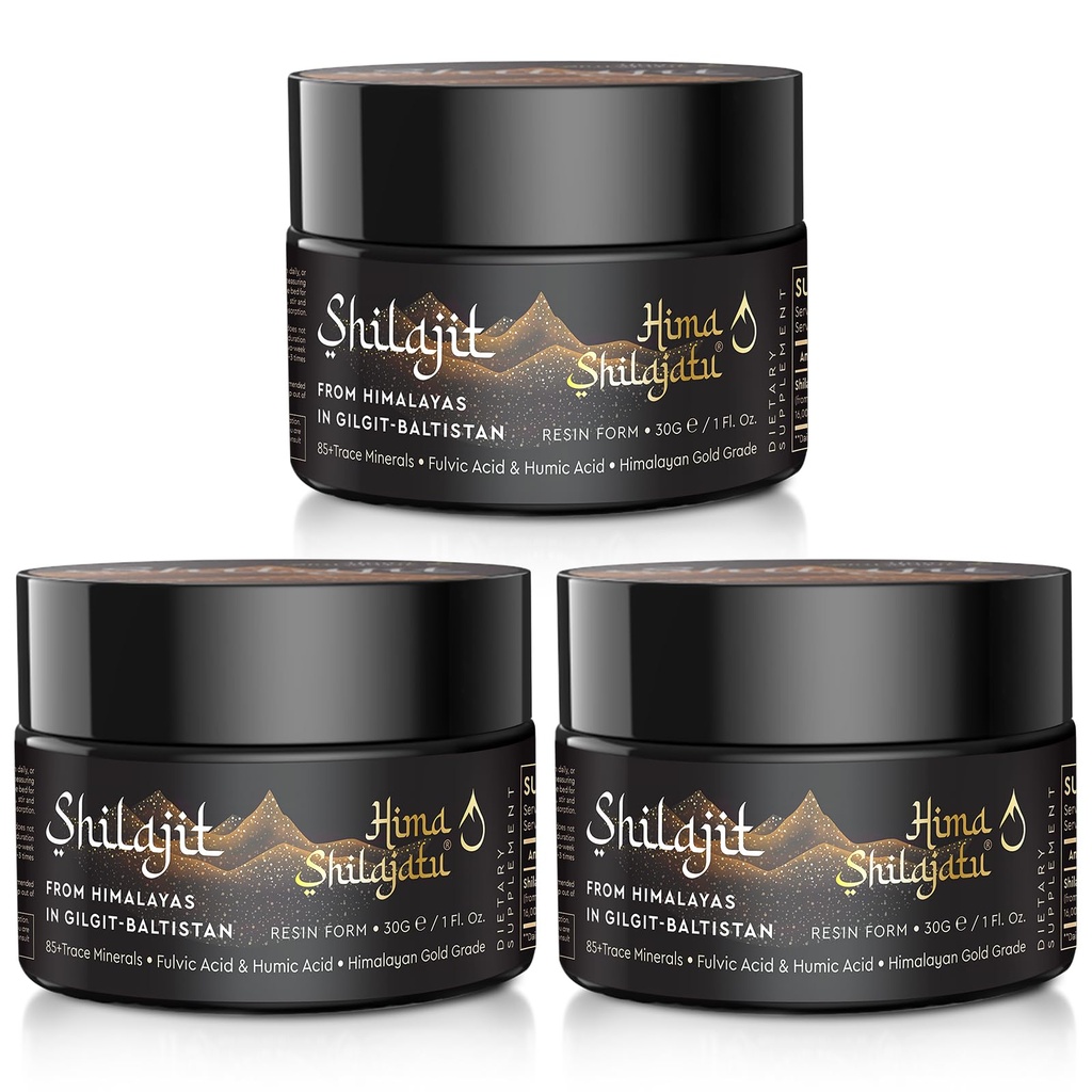 Hima Shilajatu Shilajit Purest Himalayan Organic Shilajit Resin - Gold Grade 100% Purity Shilajit with Fulvic Acid & 85+ Trace Minerals Complex for Energy & Immune Support, Pack of 3 (6 Months Supply)