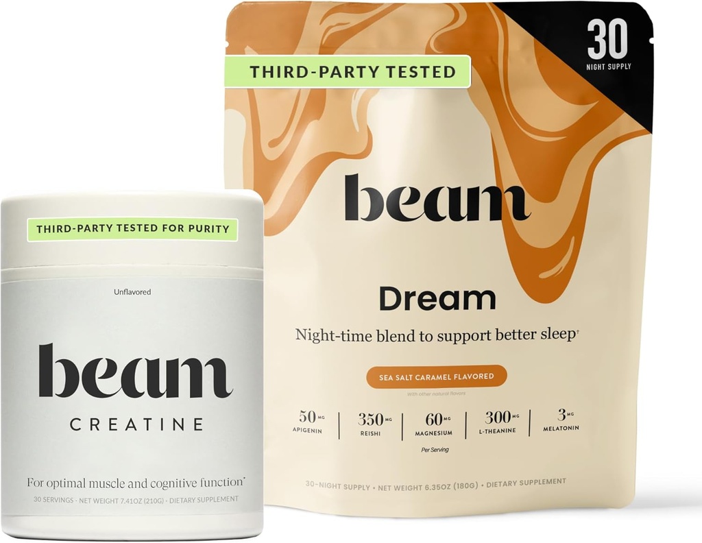Beam Dream Sleep Powder & Creatine Bundle, Third Party Tested Natural Sleep Aid & Recovery Supplement with Micronized Creatine Monohydrate, Unflavored Pure Creatine Powder for Muscle Strength, Energy