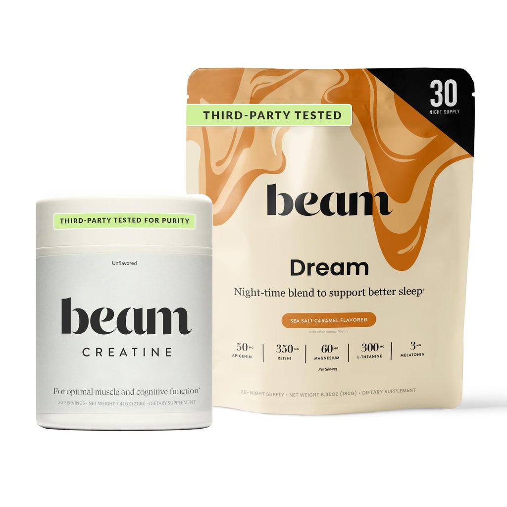 Beam Dream Sleep Powder & Creatine Bundle, Third party Tested Natural Sleep Aid & Recovery Supplement with Micronized Creatine Monohydrate, Unlavored Pure Creatine Powder for Muscle Strength, Energy