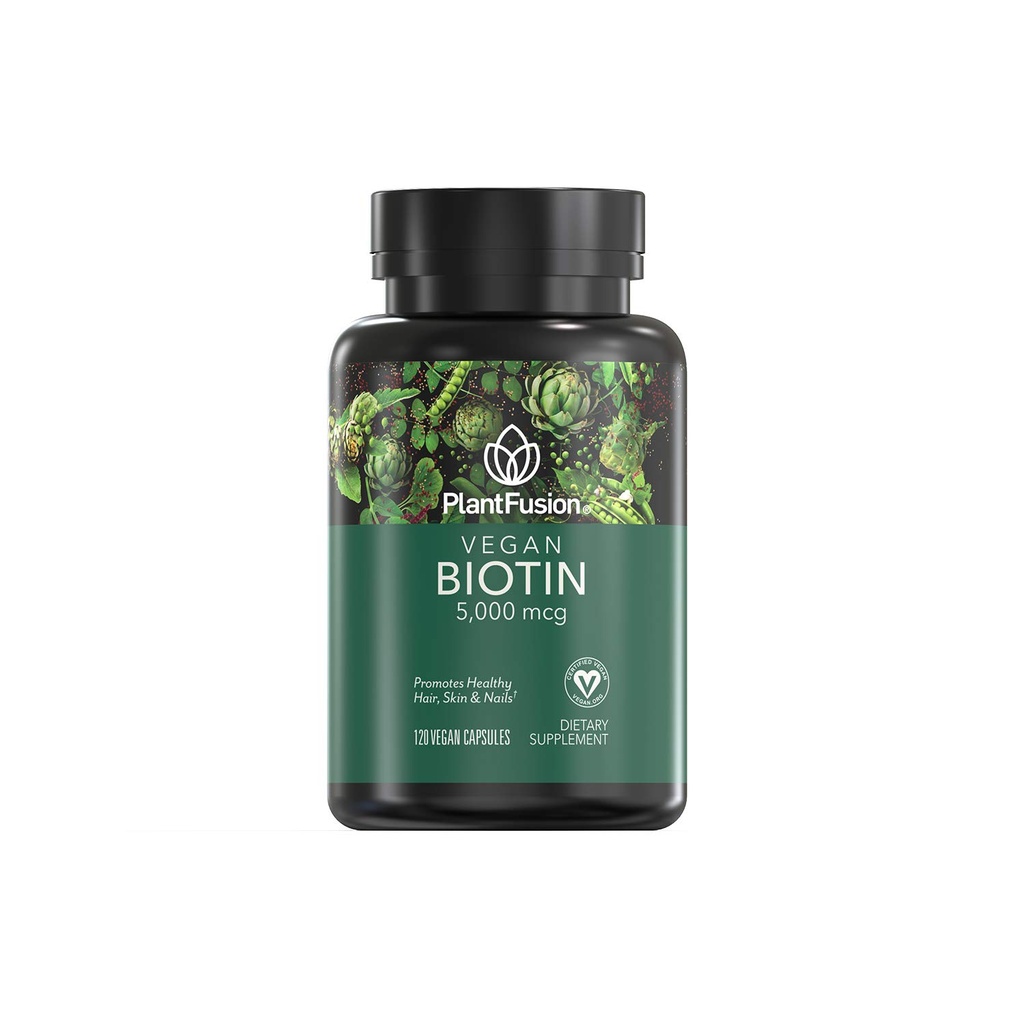 PlantFusion Vegan Βιοτίνη από, Premium Vegan Βιοτίνη για γυναίκες και άνδρες (5000mcg), φυσικό δέρμα μαλλιών και βιταμίνες νυχιών, 120 κάψουλες Vegan