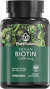 PlantFusion Vegan Βιοτίνη από, Premium Vegan Βιοτίνη για γυναίκες και άνδρες (5000mcg), φυσικό δέρμα μαλλιών και βιταμίνες νυχιών, 120 κάψουλες Vegan