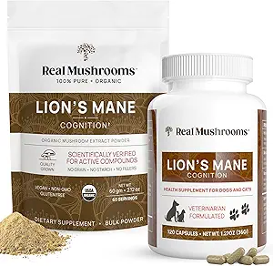Real Mushrooms Lions Mane for Humans (60 Servings) and Pets (120ct) - Σκόνη & Κάψουλες Δέσμη για Γνωστικότητα & Ανοσία - Vegan, Μη ΓΤΟ, Χωρίς Γλουτένη, Χωρίς κόκκους Συμπληρώματα Εκχύλισμα Μανιταριών