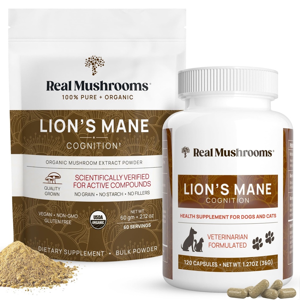 Real Mushrooms Lions Mane for Humans (60 Servings) and Pets (120ct) - Powder & Capsules Bundle for Cognition & Immunity - Vegan, Non-GMO, Gluten-Free, Grain-Free Mushroom Extract Supplements