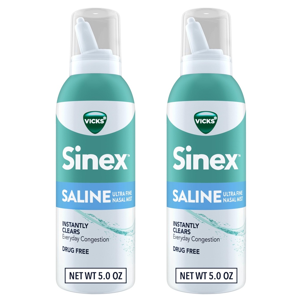 Vicks Sinex SALINE Nasal Spray, Drug Free Ultra Fine Mist, Καθαρή Κάθε μέρα Sinus Συμφόρηση Γρήγορη, Καθαρή Mucus από ένα κρύο ή Αλλεργία, Καθημερινή Χρήση 5.0 fl oz x 2