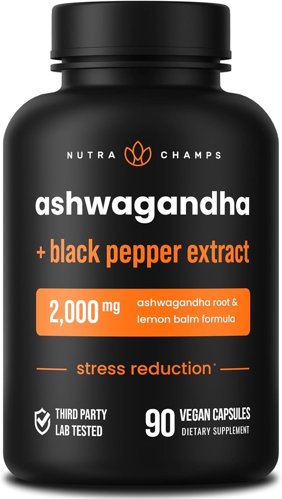 NutraChamps Βιολογικές κάψουλες Ashwagandha, 2000mg Adrenal Fatigue, Thyroid & Mood Υποστήριξη Ashwagandha Συμπληρώματα, Ashwagandha Root Powder & Lemon Balm, Ανώτερη απορρόφηση με Μαύρο Πιπέρι