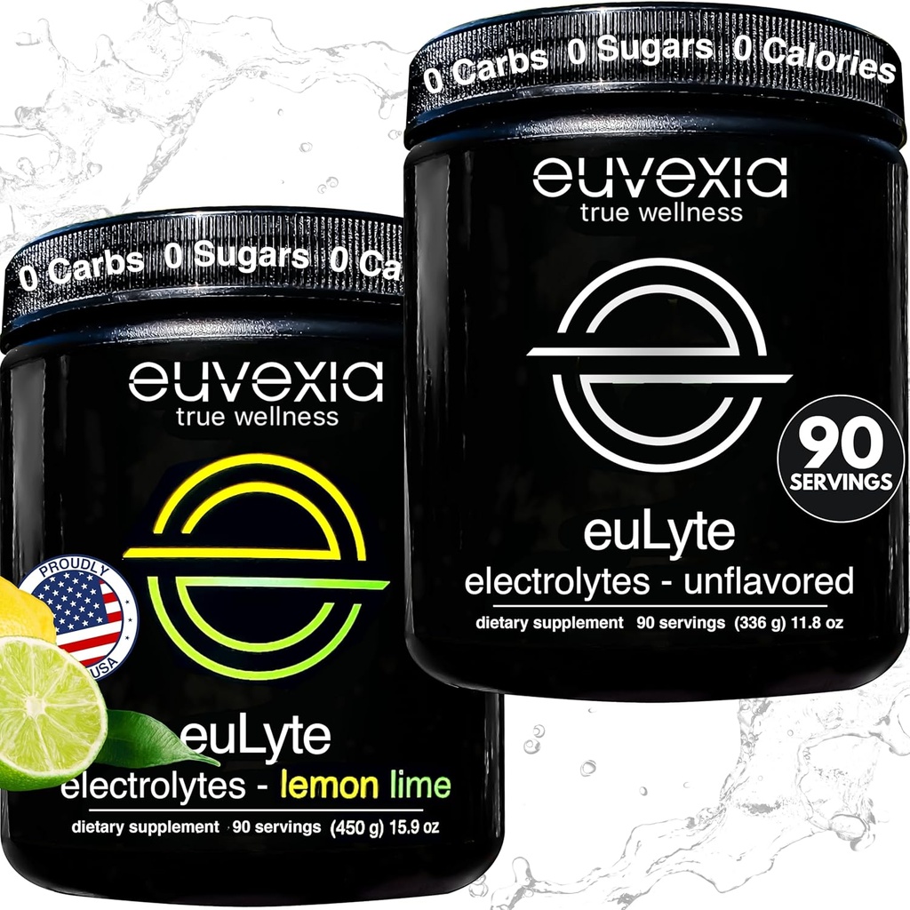 Euvexia Dr Ekberg euLyte Electrolytes Bundle | Unflavored + Lemon Lime Variety Pack | Sugar Free Electrolyte Powder with 80+ Minerals | 90 Servings Each Flavor | Keto Fasting Hydration Support