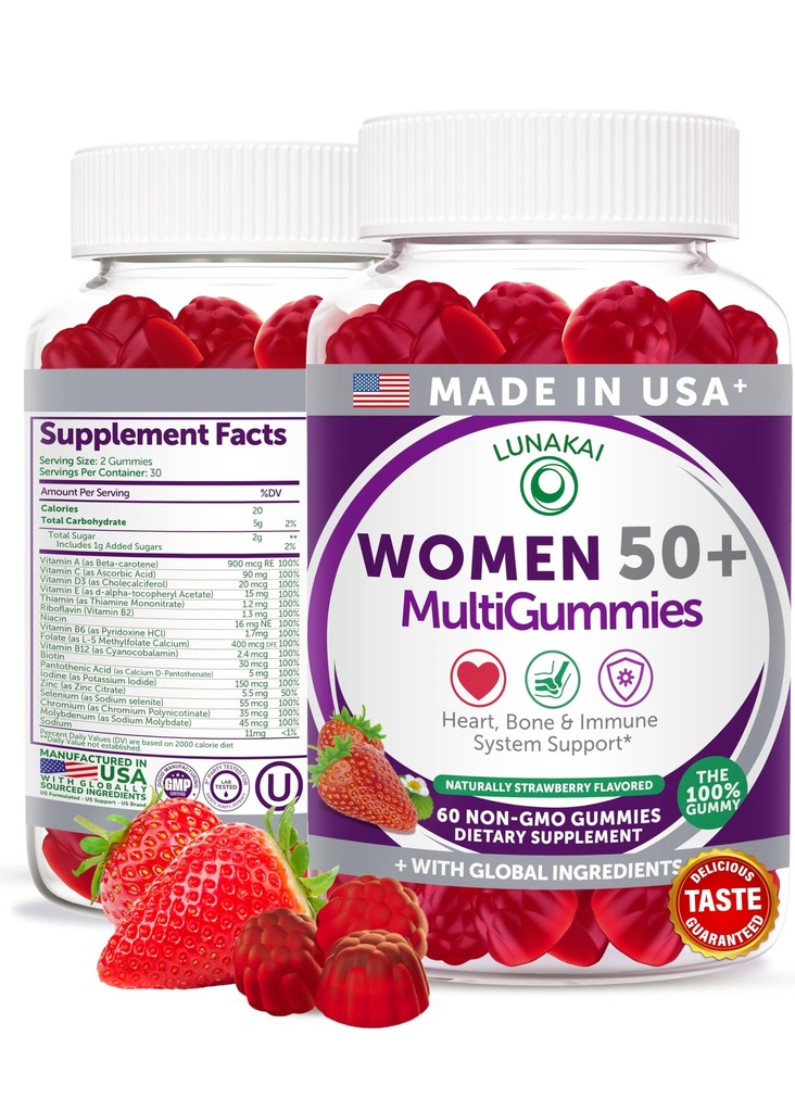 Lunakai USA Made 50 Plus Πολυβιταμίνες Γυναικών - Delicious Formula Enhanced with Essential Vitamins & Minerals for Health & Vitality - 60ct