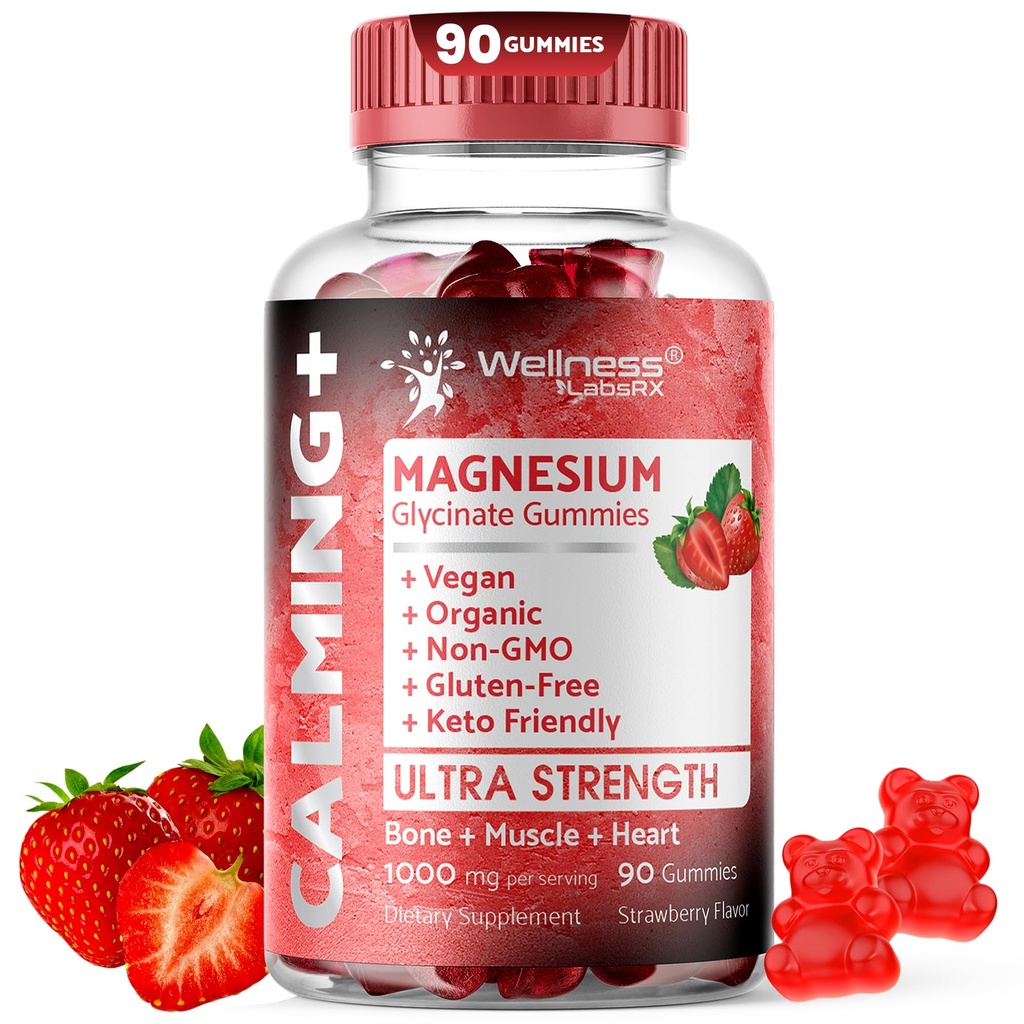Glycinate Gummies Μαγνήσιο, 1000 mg - Συμπλήρωμα Μαγνησίου για την υποστήριξη Χαλάρωση, Υγεία της Καρδιάς - Μασώμενα Ήρεμες Μαγνησίες για Ενήλικες, Glicinato De Magnesio - Flavor Φράουλα
