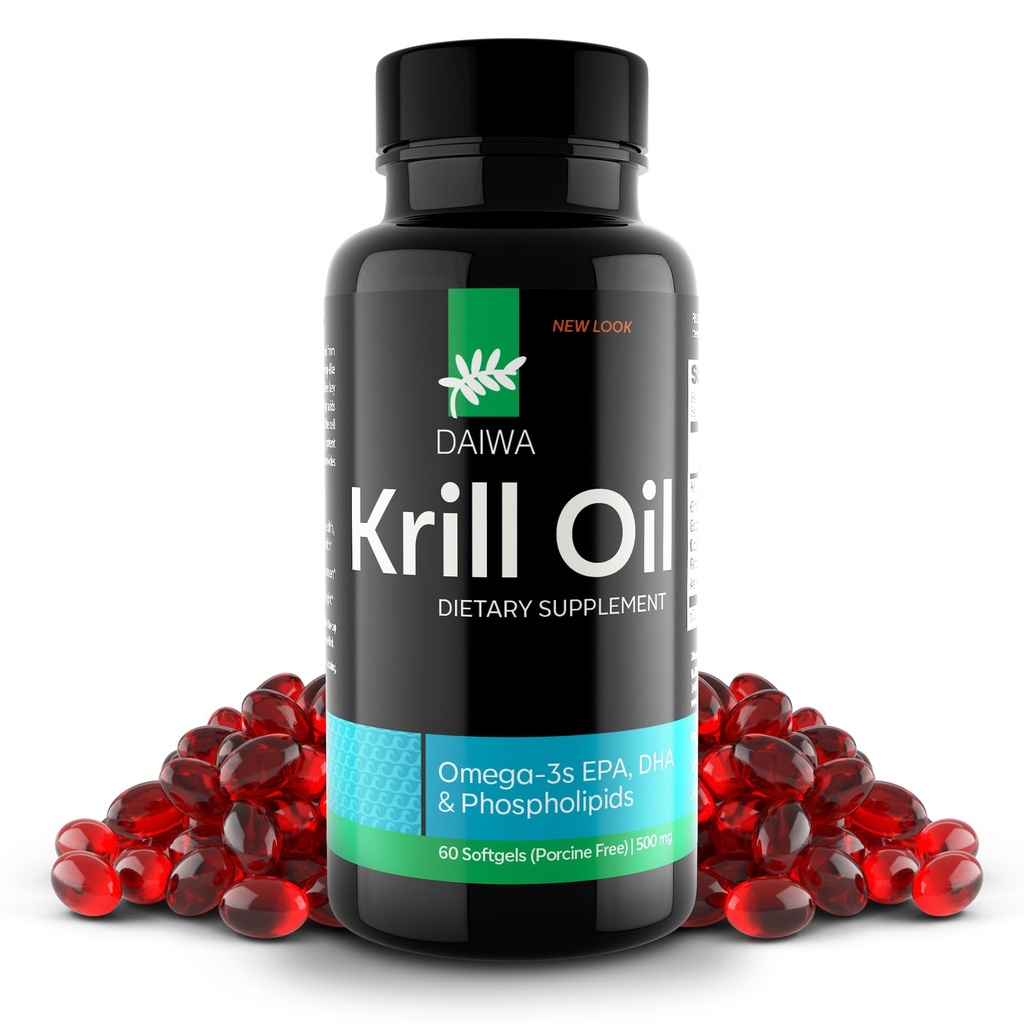 Daiwa Krill Oil 1000mg Softgels - EPA DHA Omega 3 συμπλήρωμα πετρελαίου κριλ Ανταρκτικής με Ασταξανθίνη - Φυσική λύση για κοινή, εγκεφαλική υποστήριξη και την υγεία της καρδιάς - 60/ct
