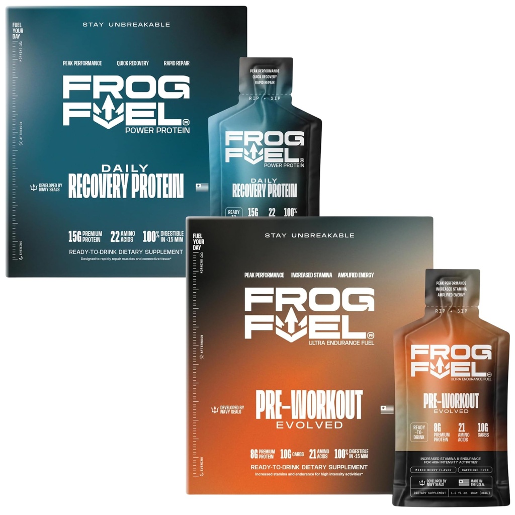 Frog Fuel Power Regular Protein & Ultra Pre Processed Shot Bundle, 1500mg Beta Alanine, 15g πρωτεΐνη Nano-Hydrolyzed Grass Fed Collagen, Pre & Post προπόνηση, 1.2 oz Packets, 48 Pack