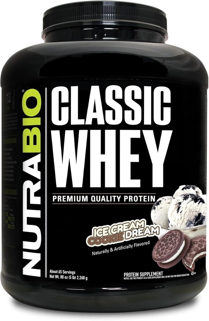 NutraBio Classic Whey Protein Powder- Full-Spectrum Amino Acid Profile - Χωρίς πληρωτικά, τεχνητά χρώματα, συντηρητικά - Χαμηλός γλυκαιμικός δείκτης - Παγωτό Cookie Dream, 5 Λίρες