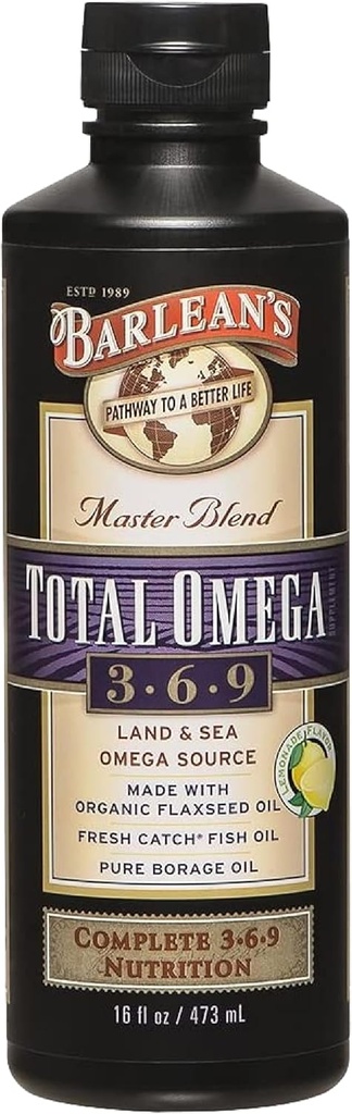 Barlean's Total Omega 3 6 9 Liquid Fish Oil Supplement with Borage and Flaxseed Oil 6.468 mg Omegas EPA, DHA, ALA, and GLA for Joint and Heart Health, 16 oz