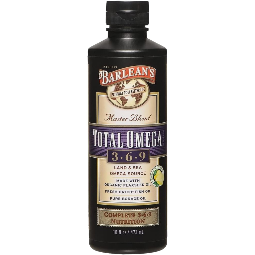 Barlean's Total Omega 3 6 9 Liquid Fish Oil Supplement with Borage and Flaxseed Oil 6.468 mg Omegas EPA, DHA, ALA, and GLA for Joint and Heart Health, 16 oz