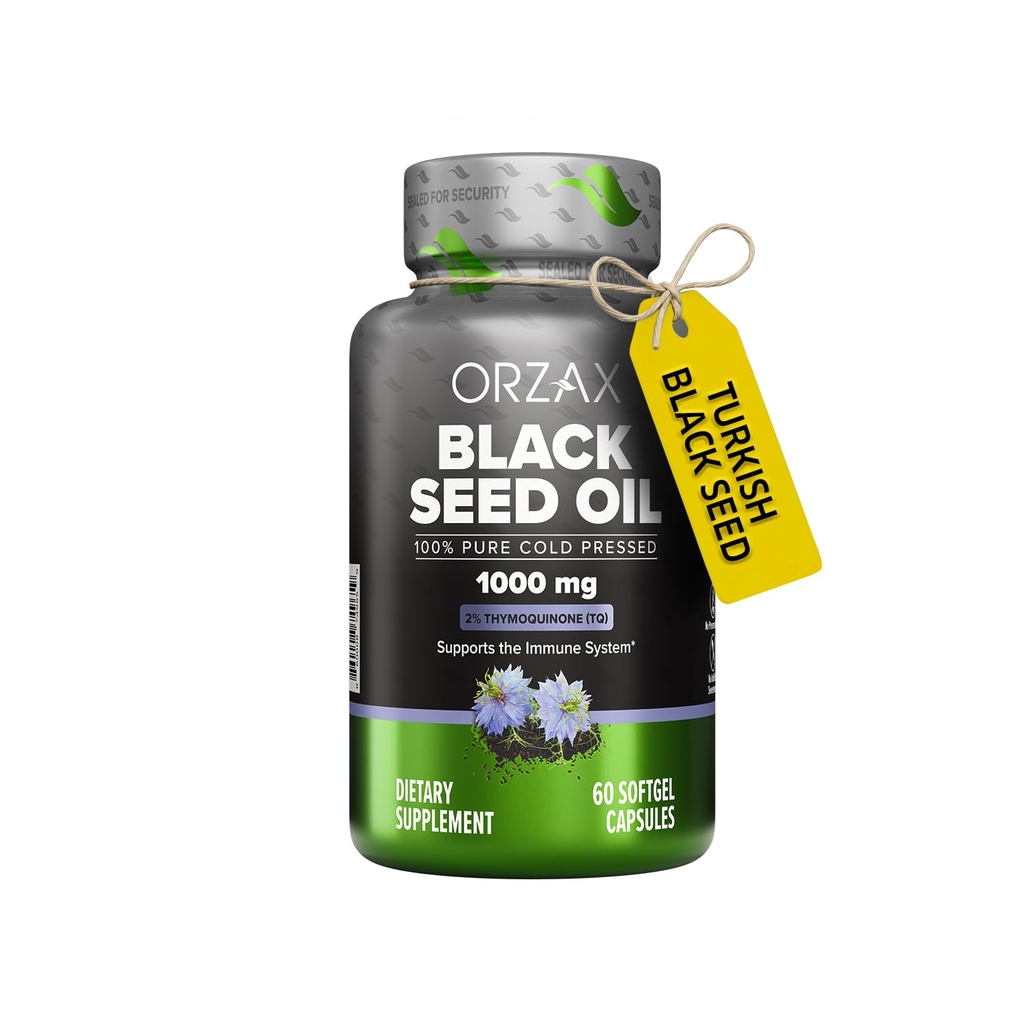 ORZAX 1000 mg Μαύρο Έλαιο Σπέρματος Βιολογικά Καψάκια Ψυχρού Πιέστε με 20mg Θυμοκινόνη για Ανοσολογική Υποστήριξη, Καλή Μαλλιά, Δέρμα, και αρθρώσεις (60 κάψουλες Soft Gel)