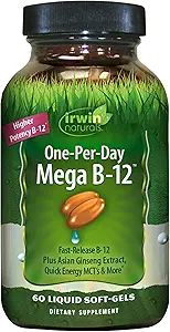 Irwin Naturals One-Per-Day Mega B-12 1,500mcg High Potency Methylcobalamin Vitamin - Fast Enhanced Absorption with MCT + Asian Ginseng - Natural Energy Boost - 60 Liquid Softgels