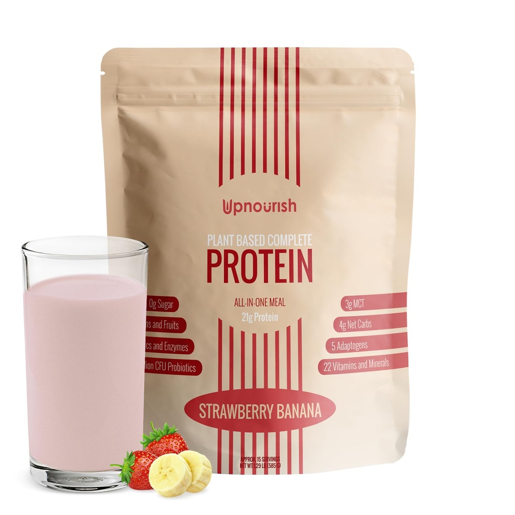 UpNourish Φράουλα Μπανάνα Vegan πρωτεΐνη σκόνη 54 Superfoods σκόνη, 1,5 δις CFU Probiotics 21g φυτικής πρωτεΐνης, Όχι ζάχαρη Όχι γαλακτοκομικά Όχι GMO γαλακτοκομικά χωρίς, Αντικατάσταση γεύματος Shake Keto-Friendly χαμηλής περιεκτικότητας σε άνθρακα διατροφή,15 σερβιέτες